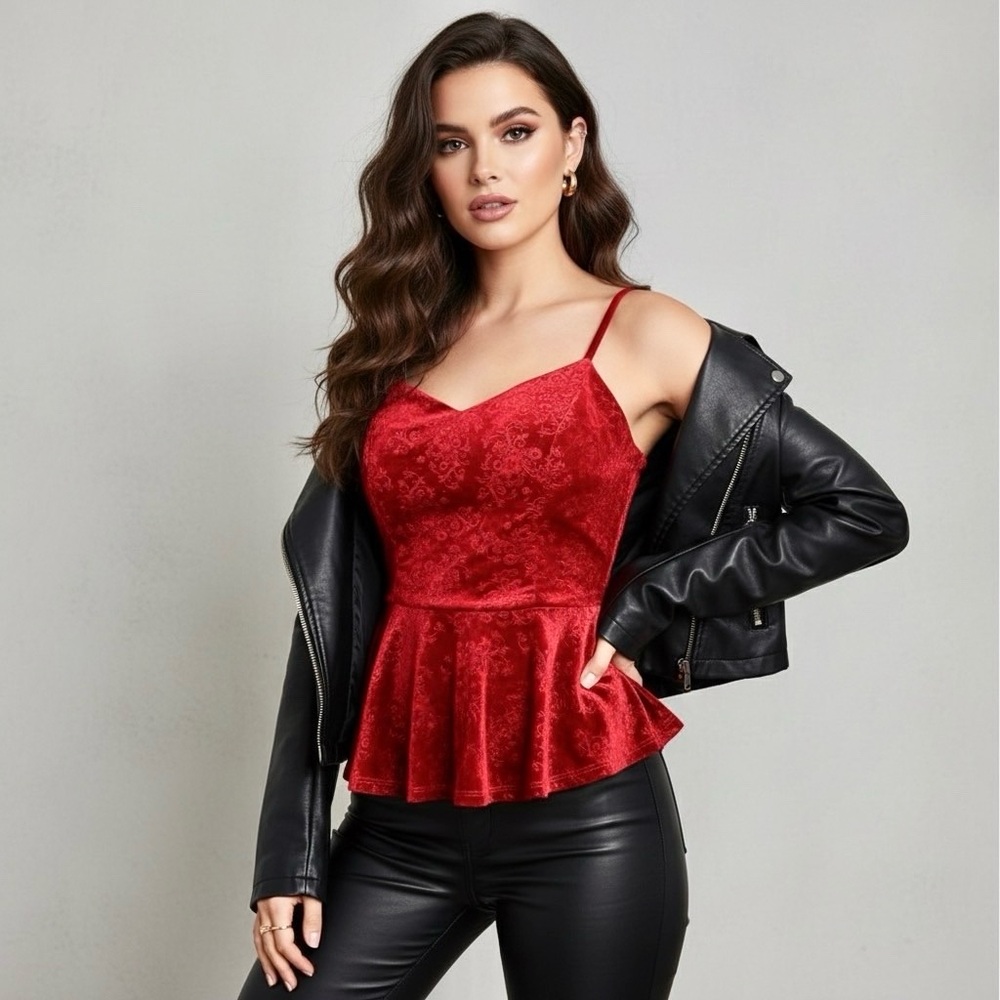 Red‎ Velvet Peplum Cami Top Sz L Sweetheart Built-In Bra Y2K Coquette Whimsygoth